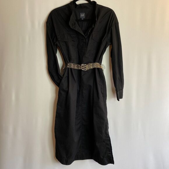 Gap Collarless Henley Pocket L/S True Black Khaki Midi Shirt Dress Size Small - Picture 7 of 16